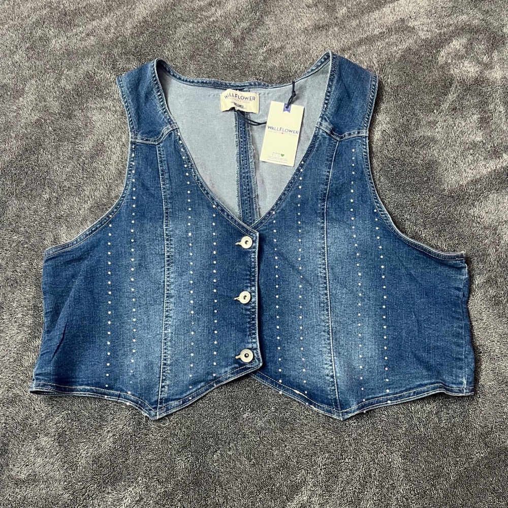 NEW Wallflower Denim Vest Cinch Back Western Bling Rodeo Concert Y2K 2X
